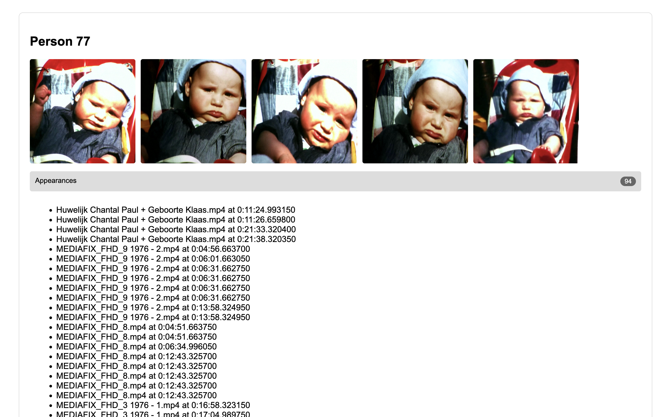 Screenshot of the HTML report showing detected faces of me when I was about 1 year old, and a list of movies with timestamps where these faces were detected